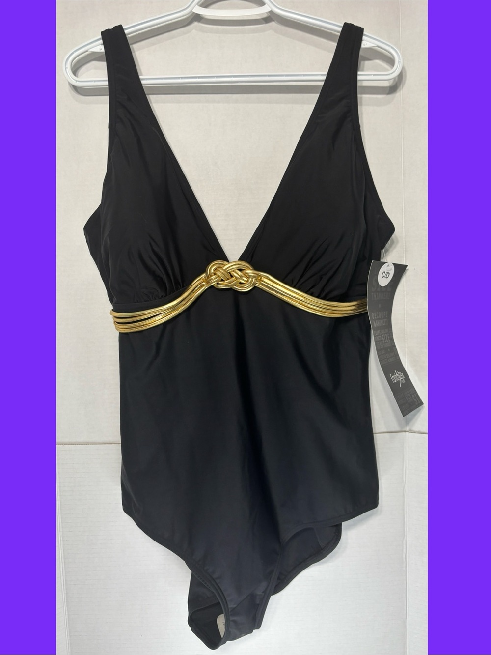 Fantasizer Black One-Piece Swimsuit with Gold Braid Accent Sewn-in Bra Pads